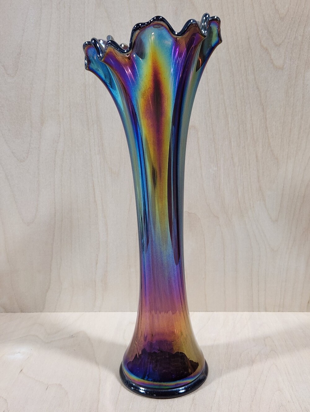 Vintage Iridescent Amethyst Purple Glass Ruffled Rim Trumpet Vase 12 Inch VTG